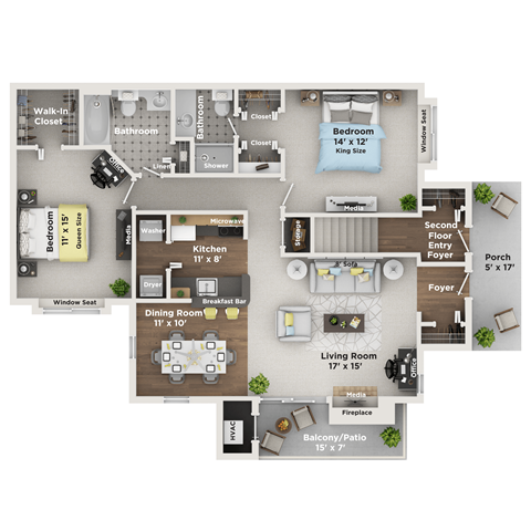 A floor plan of a house showing a living room, dining room, kitchen, and two bedrooms.